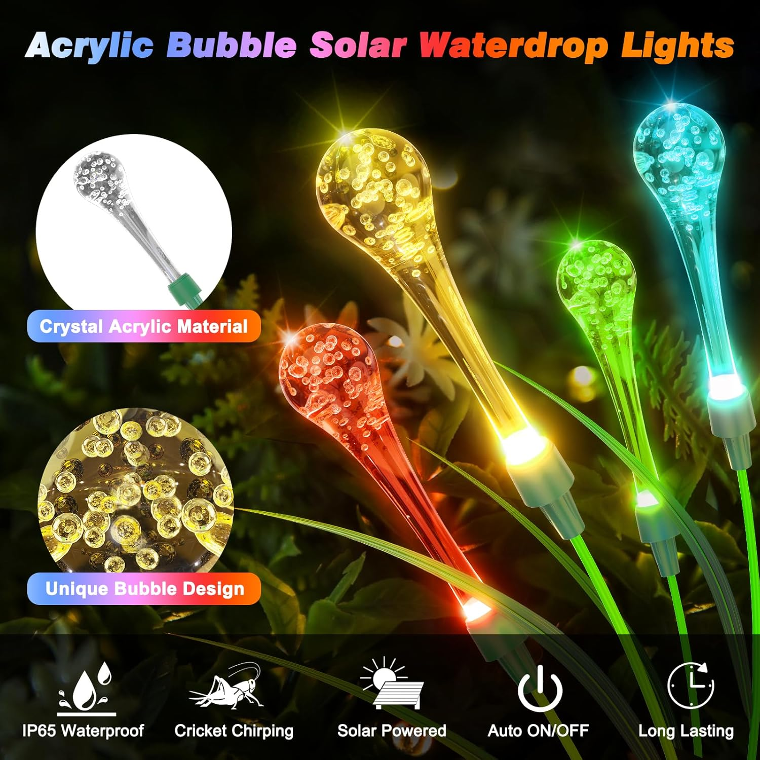 Bluefire 2 Pack Solar Garden Lights, Crystal Acrylic Water Drop Lights with 12 Bulbs, Waterproof Solar Lights Outdoor Patio Lights for Garden Lawn Patio Yard Wedding Party Decor(Multicolor) image number 2