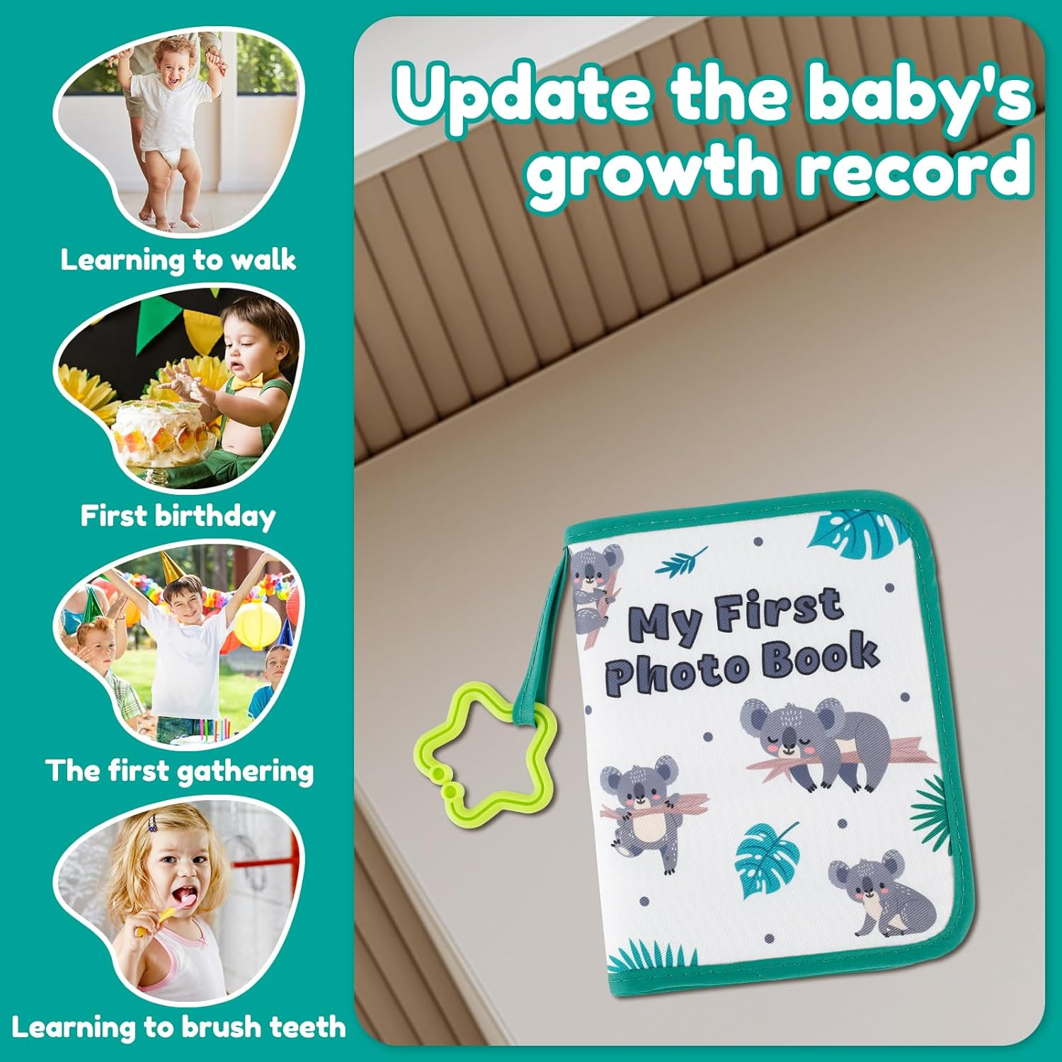 Soft Cloth Photo Book - Cloth My First Photo Book Free Illustration Baby Photo Album with Plastic Star Hook inside Smooth Page First Year Memory Album Safe Photo Album for Baby (Green)