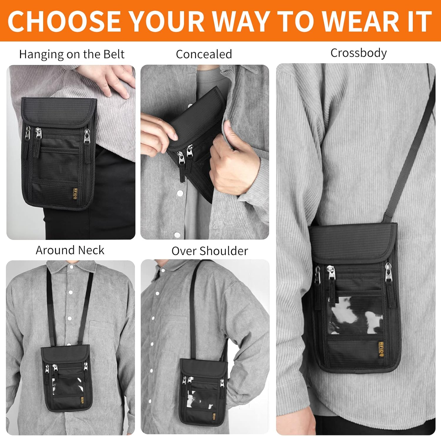 HOTEMIA Neck Wallet for Travel,Passport Holder Neck Pouch for Men Women with Adjustable Neck Strap and RFID Blocking, Orange, Leisure image number 6