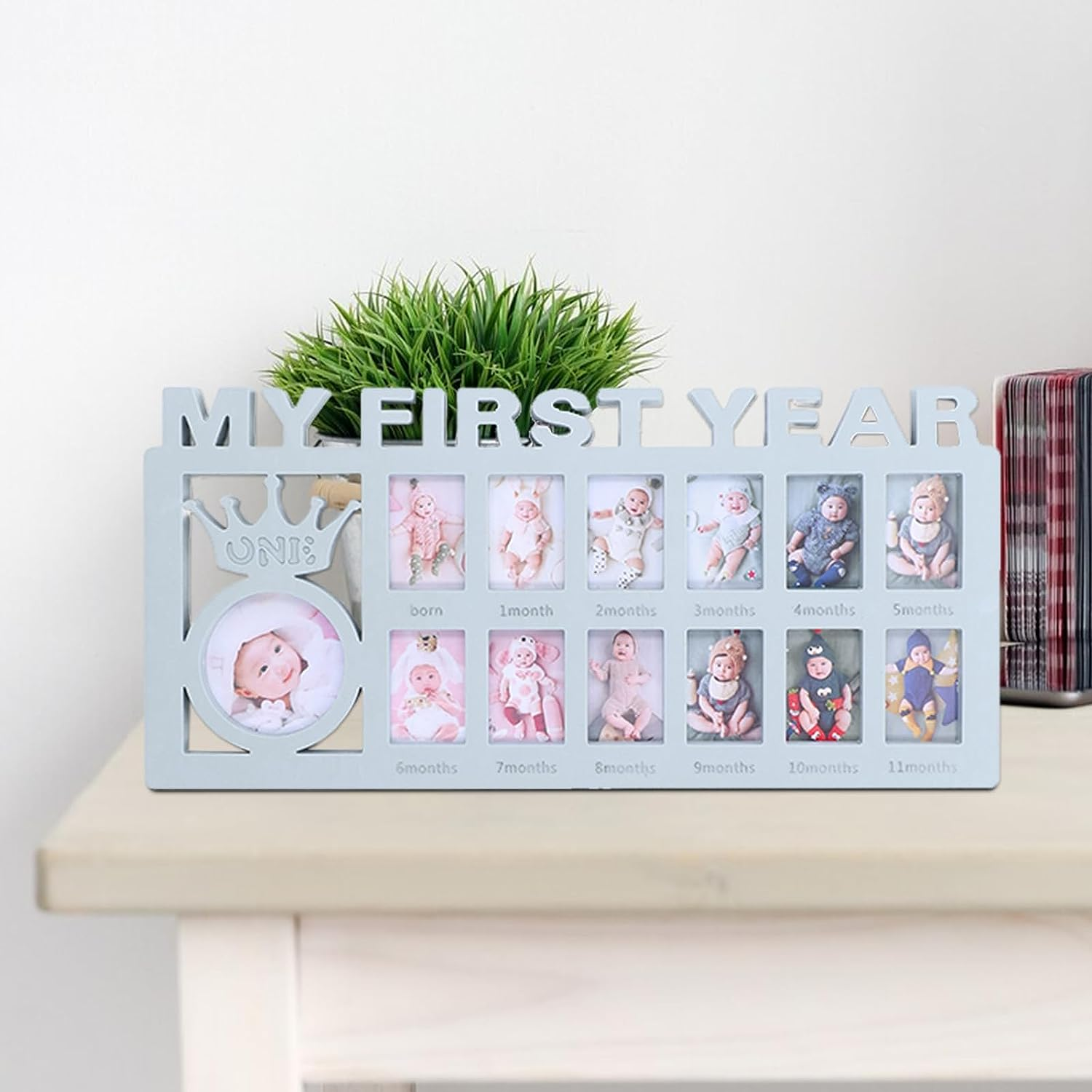 My First Year Collage Photo, Baby Milestone Keepsake Newborn Baby Registry Newborn Photo Frame Baby'S Monthly Growth Baby Photo Frame Durable Polished 12 Month Small Picture Frames(Blue)