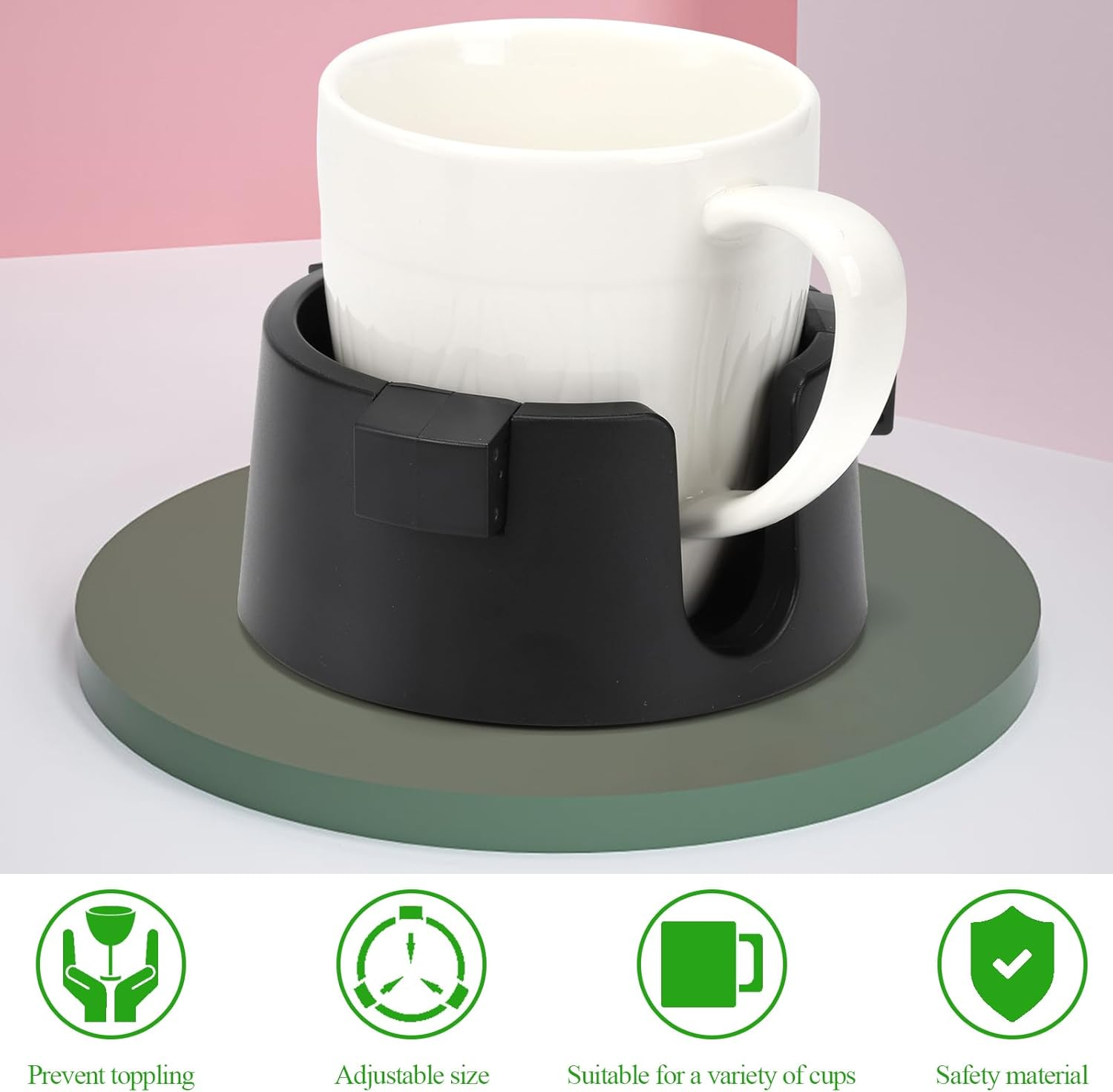 Mezchi 2 Pack anti Spill Cup Holder, Adhesive Desk Cup Holder, Adjustable Plastic Drink Holder for Desk, Non Tipping Coaster Cup Holder for Office, Home, Desktop, Table, Black