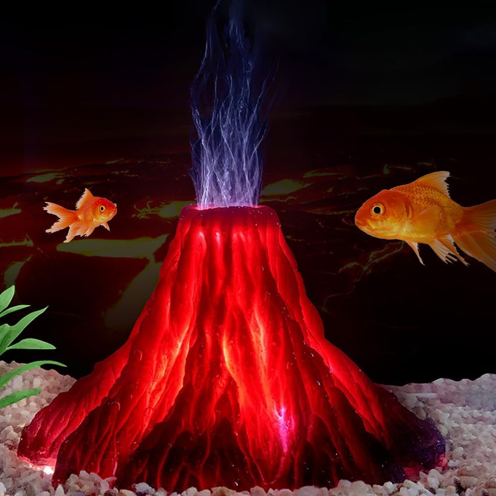 HIULLEN Aquarium Decoration Set, Fish Tank with Colourful LED Lights, Volcano Shape Air Bubble Stone, Bubbler Accessories image number 1