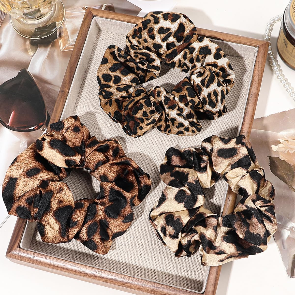 Gaodercha Pack of 4 Soft Hair Scrunchies 4 Styles Retro Hair Ties with Leopard Print Elastic Hair Bands Ropes Leopard Print Scrunchie Ponytail Holder Accessories for Long or Thick Curly Hair image number 5