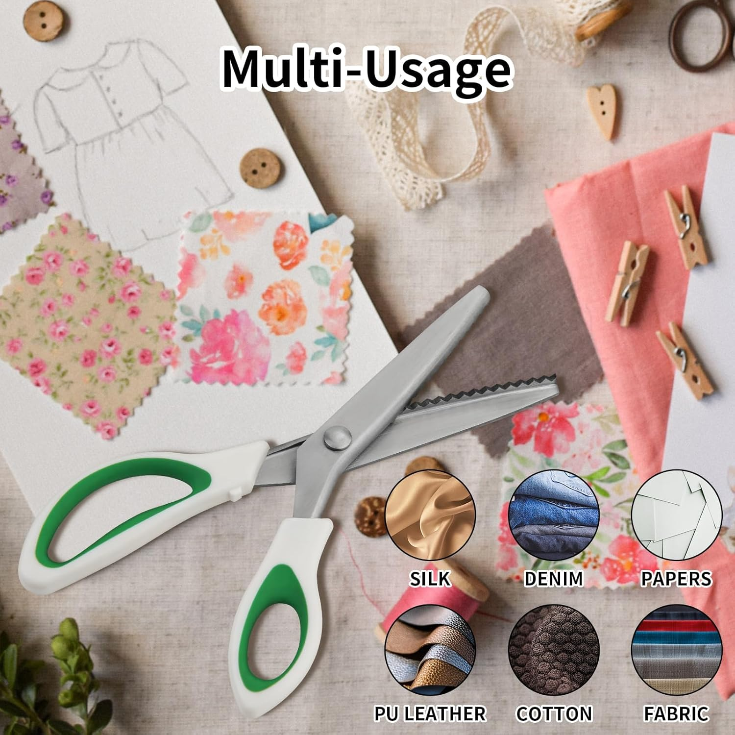 Green Pinking Shears, Zig Zag Craft Scissors Decorative Edge, Pinking Shears Scissors for Fabric Cutting, Professional Dressmaking Sharp Fabric Sewing Scissors, Comfort Grips Scrapbook Scissors image number 3