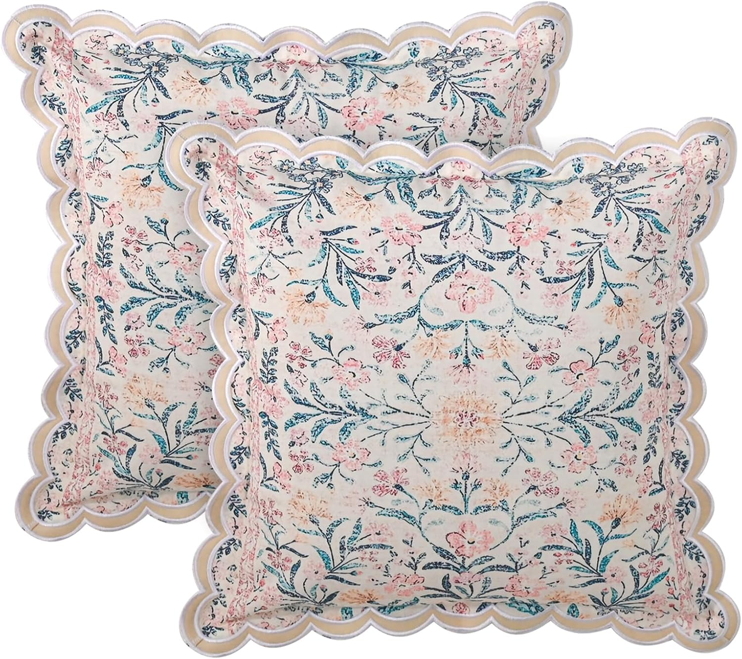 Fjdcslwx Boho Floral Throw Pillow Covers Set of 2 Colorful Bohemian Flower Decorative Scalloped Wavy Edge Designs Pillowcase for Bedroom Sofa Living Room Bed Square Pillow Case Cushion 18X18 Inch