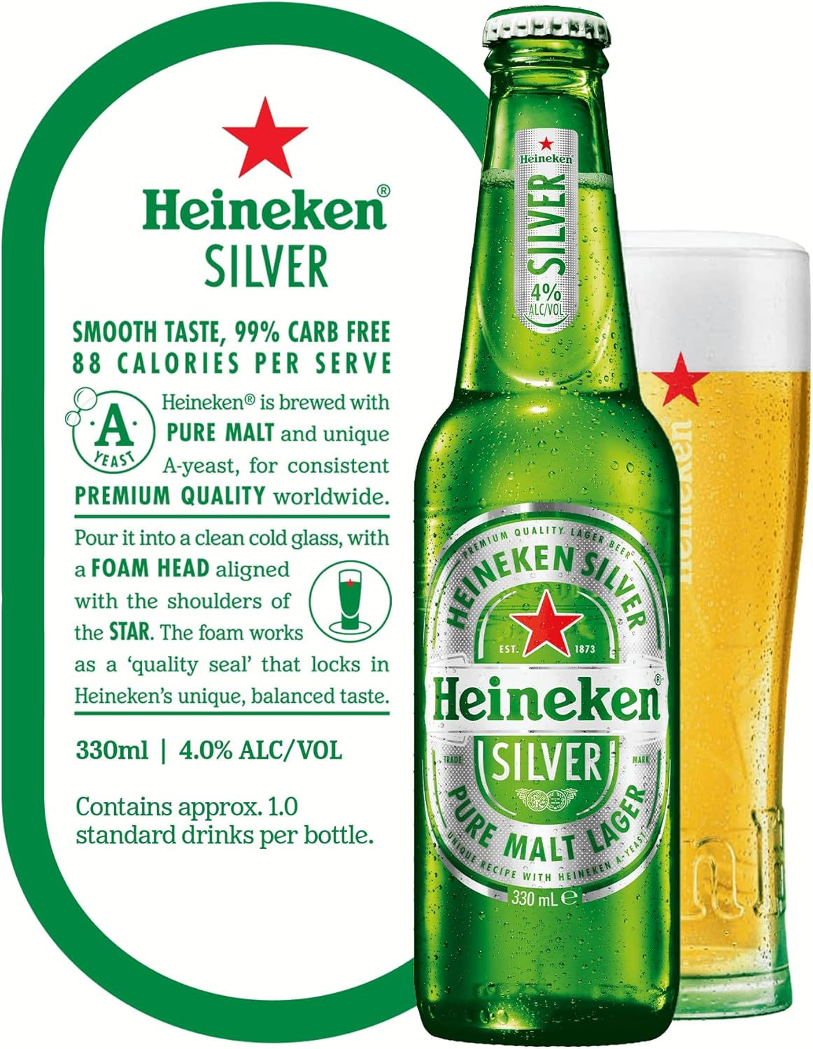 Heineken Silver Smooth Lager Premium International Beer 4% ABV- 24 Pack X 330 Ml Bottle Case image number 1