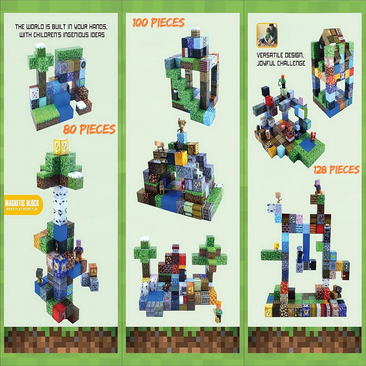 Magnetic Blocks, 128Pcs Building Blocks with 4 Figures, Premium Magnetic Tiles, Build Mine Magnet Cubes, Stem Construction Sensory Toys, Montessori Toys for Toddlers Gifts for Boys & Girls Ages 3+ image number 1