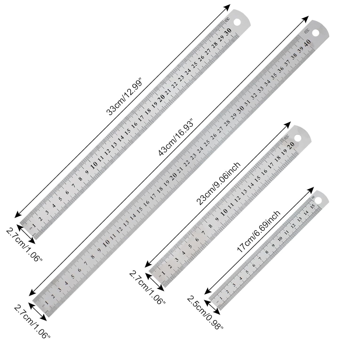 Stainless Steel Ruler, Metal Ruler Set of 4 15Cm 20Cm 30Cm 40Cm with Double Scale Edge, Measuring Tool Metal Steel Ruler, for Home School Office Daily Use, with Inch and Metric Graduation image number 6