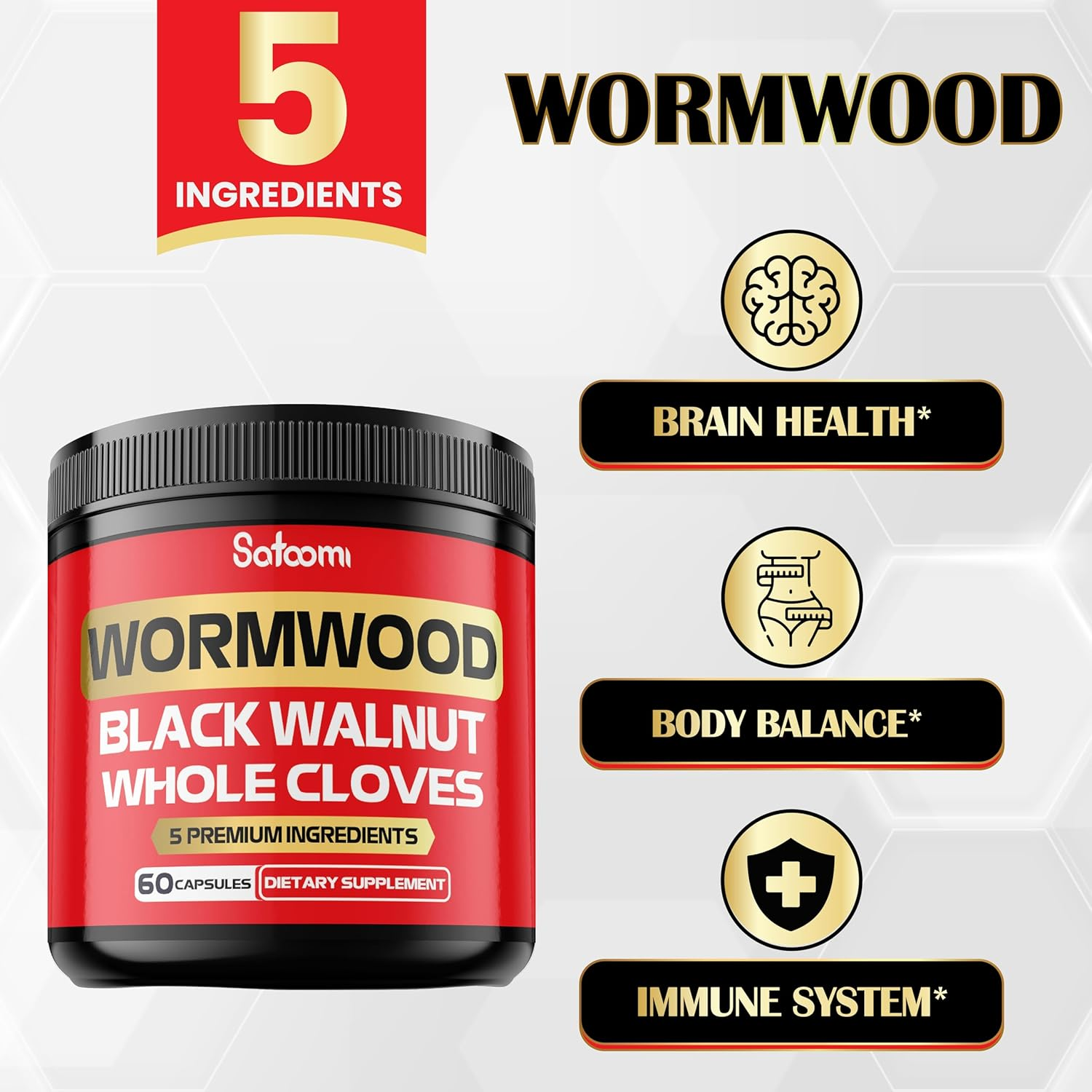 5 in 1 Wormwood Capsules Supplement - Extracted from Black Walnut, Whole Cloves, Turmeric and Berberine Hcl - Immune System & Digestion Health - 60 Capsules image number 3