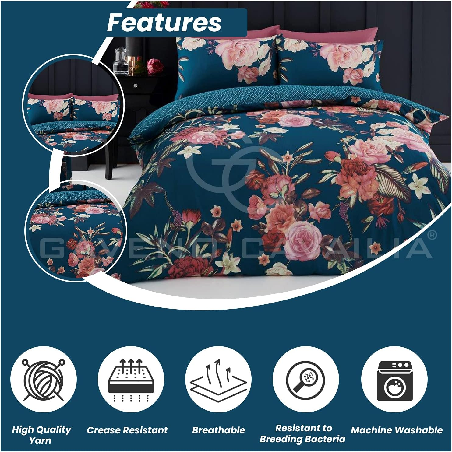 Blossom Duvet Set with Matching Pillowcases, Super Soft Floral Bedding Double Bed Set, Printed Quilt Covers, Teal image number 5