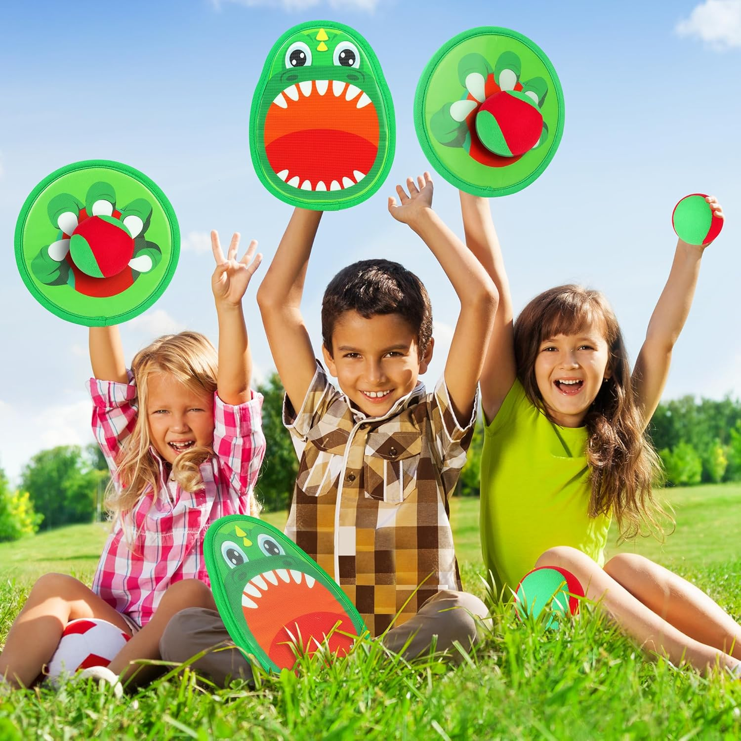 Dinosaur Toss and Catch Ball Set, Catch Game Toys, Outdoor Toys for Kids 3+ 4 5 6 7 8, Backyard Lawn Games Pool Beach Toys with 4 Rackets, 4 Balls, 1 Drawstring Bag