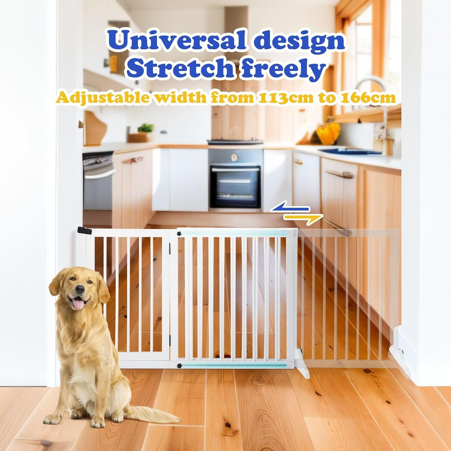 Pet Safety Gate with Walk over Door,Extensible Width 113Cm-165.5Cm, Freestanding Dog Fence Safety Guard Indoor Wooden Playpen Foldable Barrier Protection Net Stair Partition White 3 Panels image number 4