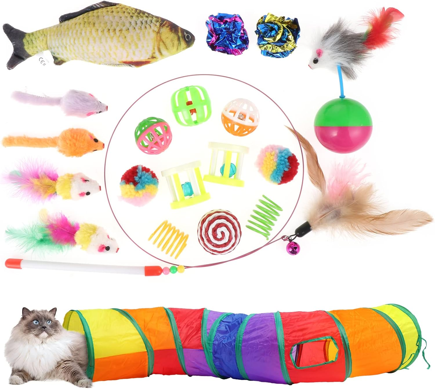 Coolty Pack of 20 Cat Toys with Cat Tunnel Jingle Bell Balls Catnip Fish Cat Toy Mice Feather Toy Plush Toy Interactive Cat Toy for Cats Kittens image number 1