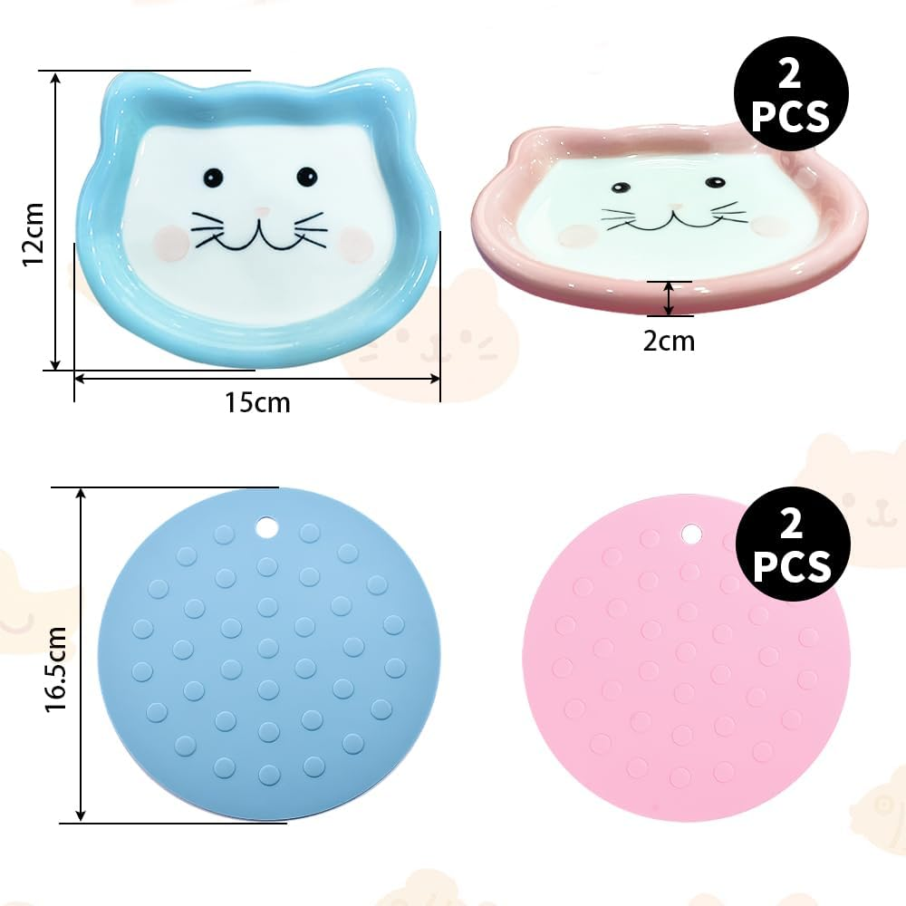 GIGIIS Cat Bowl Ceramic 2 Pieces Feeding Bowl Cat Bowl Non-Slip Set Cat Bowls Wide and Flat Cat Food Bowl to Relieve Whisker Fatigue with 2 Pieces Non-Slip Mats image number 4