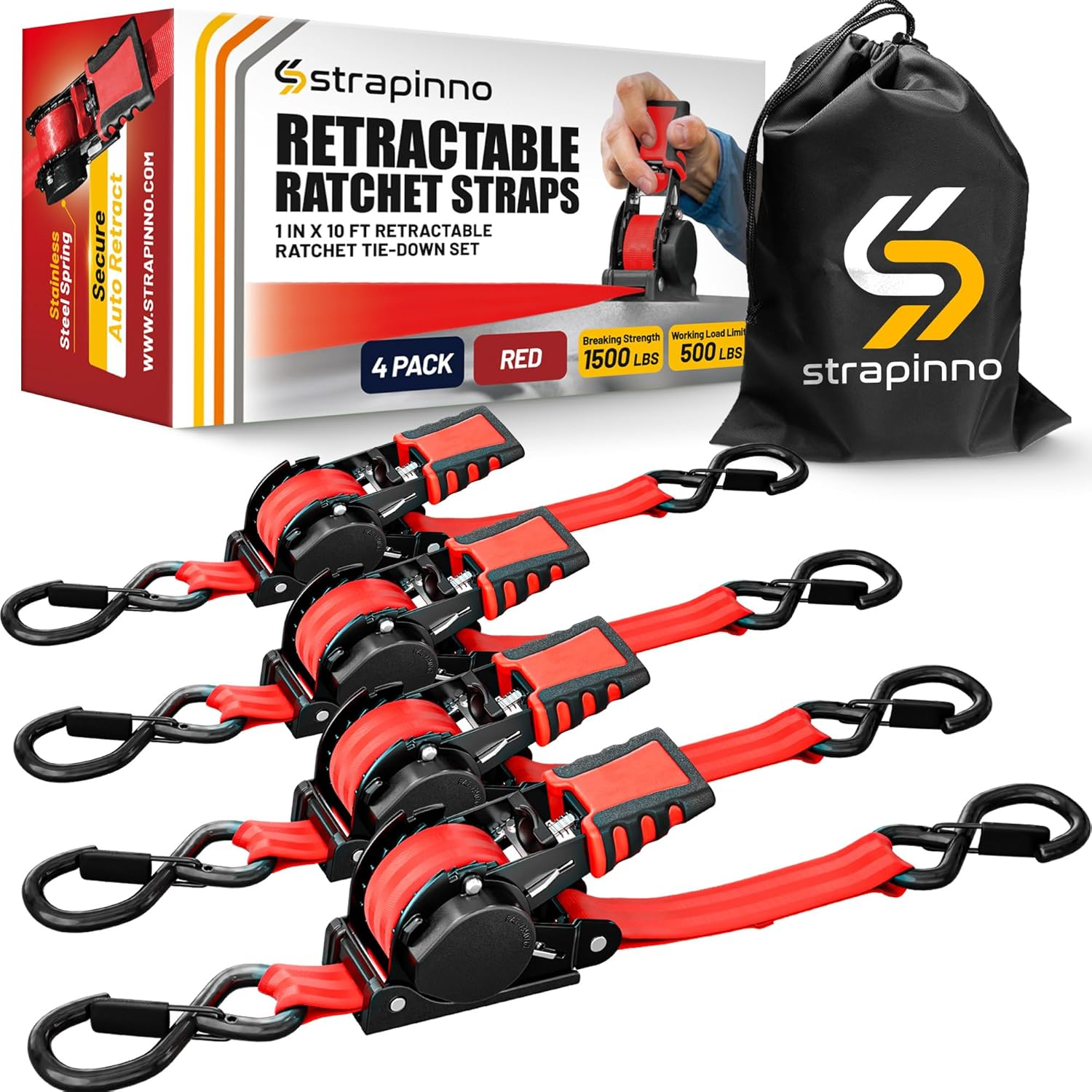 Strapinno Retractable Ratchet Straps 1 in X 10 Ft, Secure Tie-Downs with Rubber-Coated Steel Handles, for Motorcycle, Jetski, Kayak, Breaking Strength 1,500LBS/680KG (Red Strap, Black Coated) image number 4