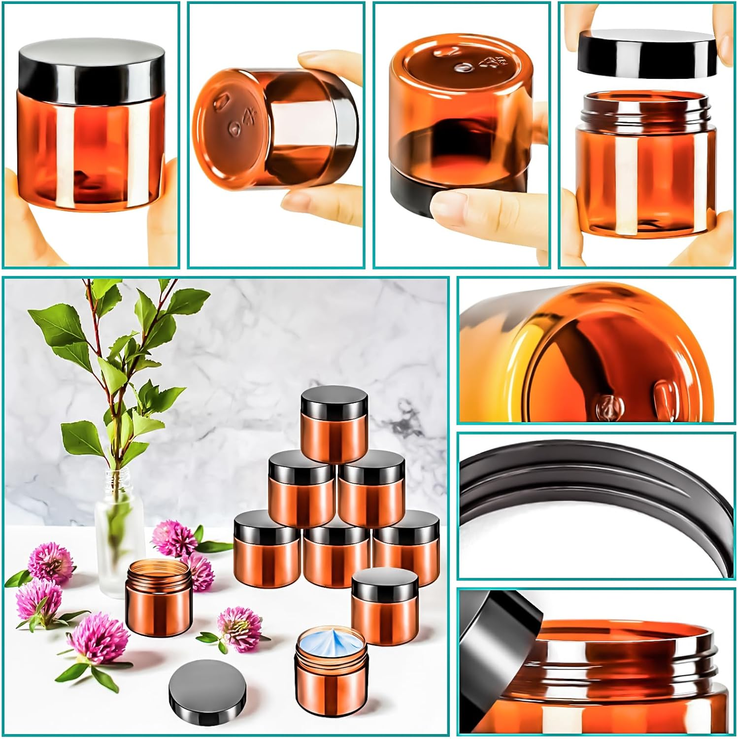 Motbach 16 Pack 2Oz Amber Plastic Jars, 60Ml Empty Small round Cosmetic Jars Refillable Makeup Containers Leakproof Travel Cosmetic Containers with Black Lids for Sample Cream Lotion Powder Ointment image number 6