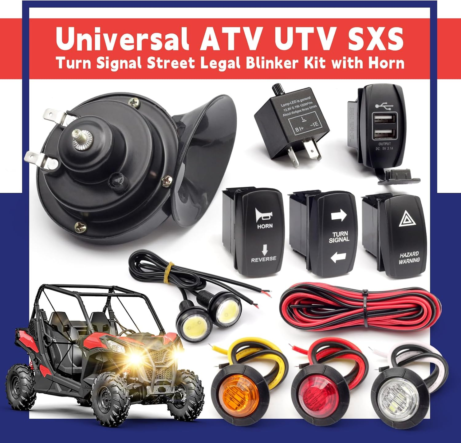 Universal ATV UTV SXS Turn Signal Street Legal Blinker Kit with 110DB Horn Reverse Hazard Light Rocker Switch USB Flasher Relay Compatible with Polaris RZR Ranger Xp Turbo Can-Am Kawasaki Golf Cart image number 3