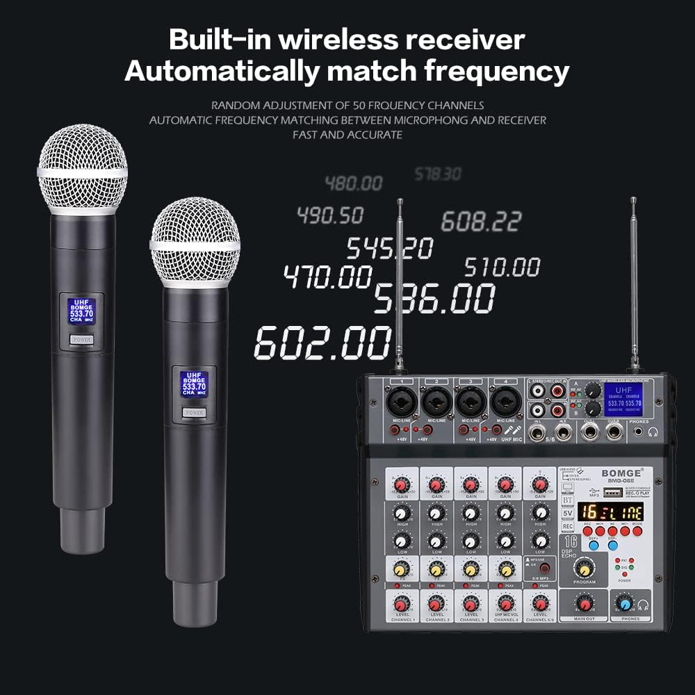 BOMGE 6 Channel Audio DJ Console Mixer with Dua UHF Wireless Microphone,Usb, Bluetooth, 48V Phantom,16 Echo/Delay for Home Studio Recording DJ Network Live Karaoke PC Guitar image number 2