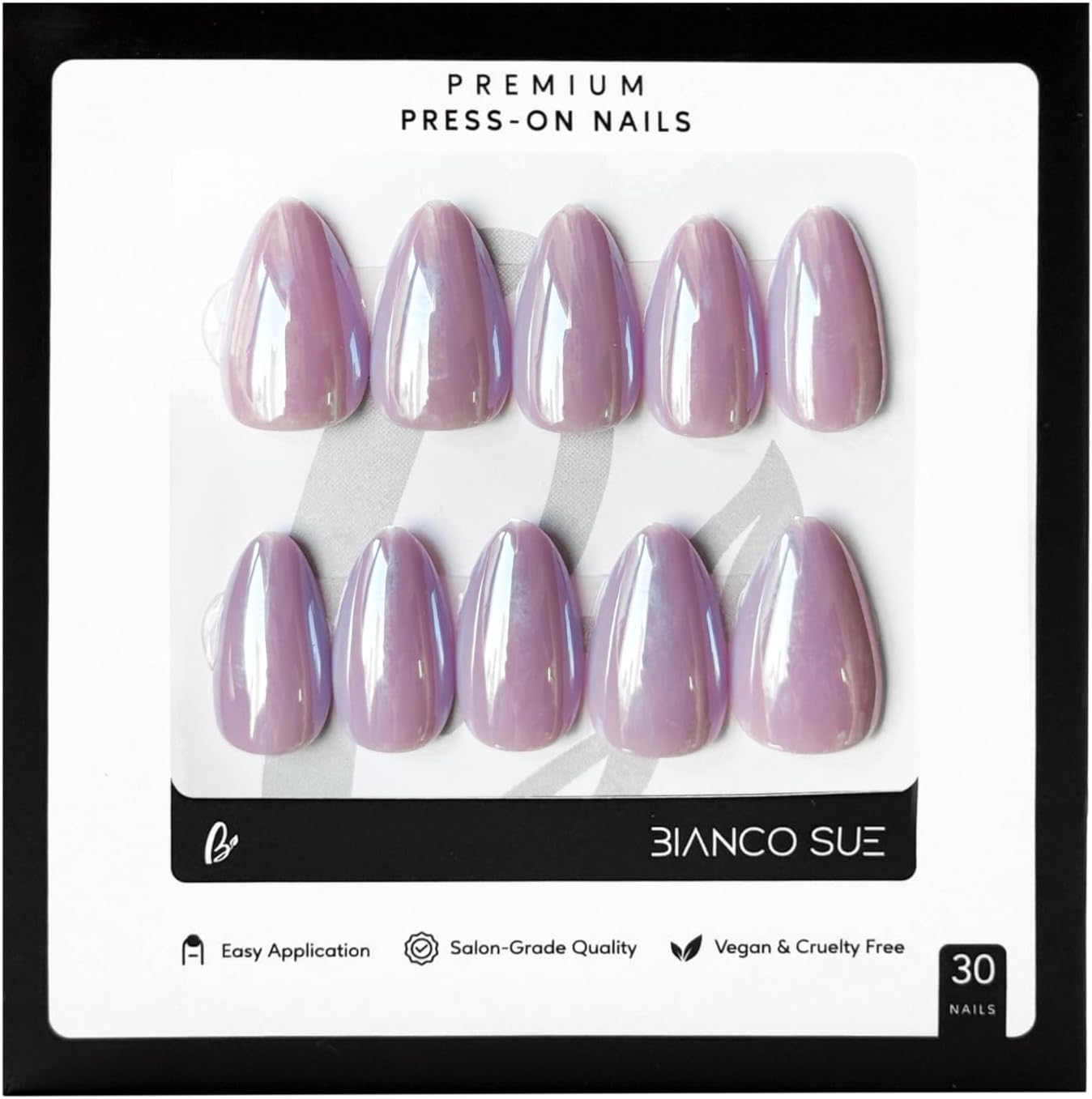 Bianco Sue Press-On Nails | Iridescent Lilac Almond False Nails, Reusable Stick-On Fake Nails with Adhesive Tabs and Glue | Salon-Grade Quality | Transparent Storage Box | 15 Sizes - 30 Nail Kit