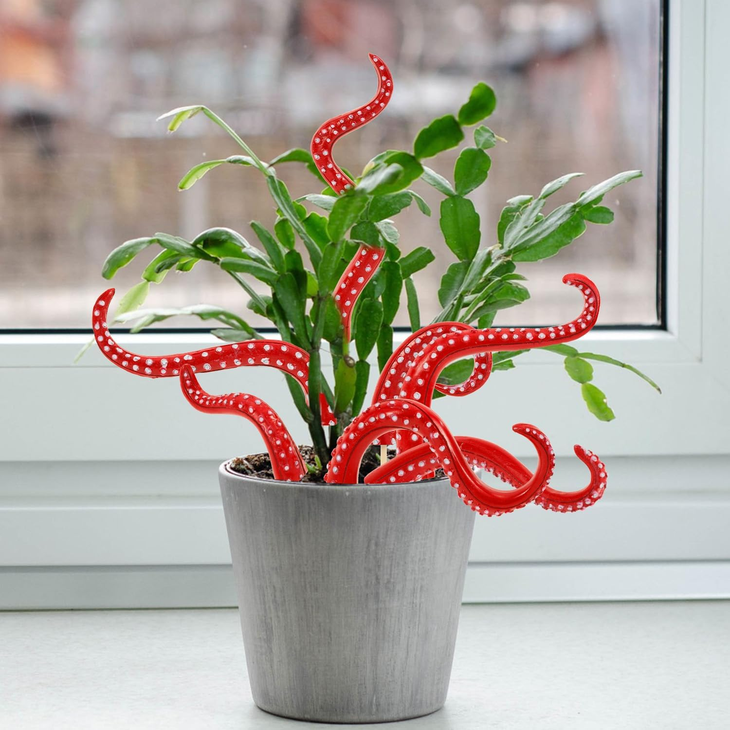 7Pcs Octopus Tentacle Plant Stakes, Various Shapes Glow in the Dark Octopus Leg Stakes Evil Decorative Garden Stakes for Potted Plants Indoor Outdoor Plant Lover Decoration(Red) - Red image number 2
