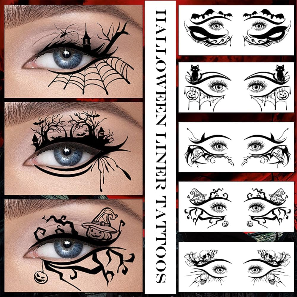Halloween Eye Shadow Temporary Tattoos Eyeliner Tattoo Stickers Spider Web Bat Pattern Eyeliner Fake Tattoos for Women Men Face Eye Makeup Halloween Decals Party Supplies (Style A-10Pcs, One Size) image number 2