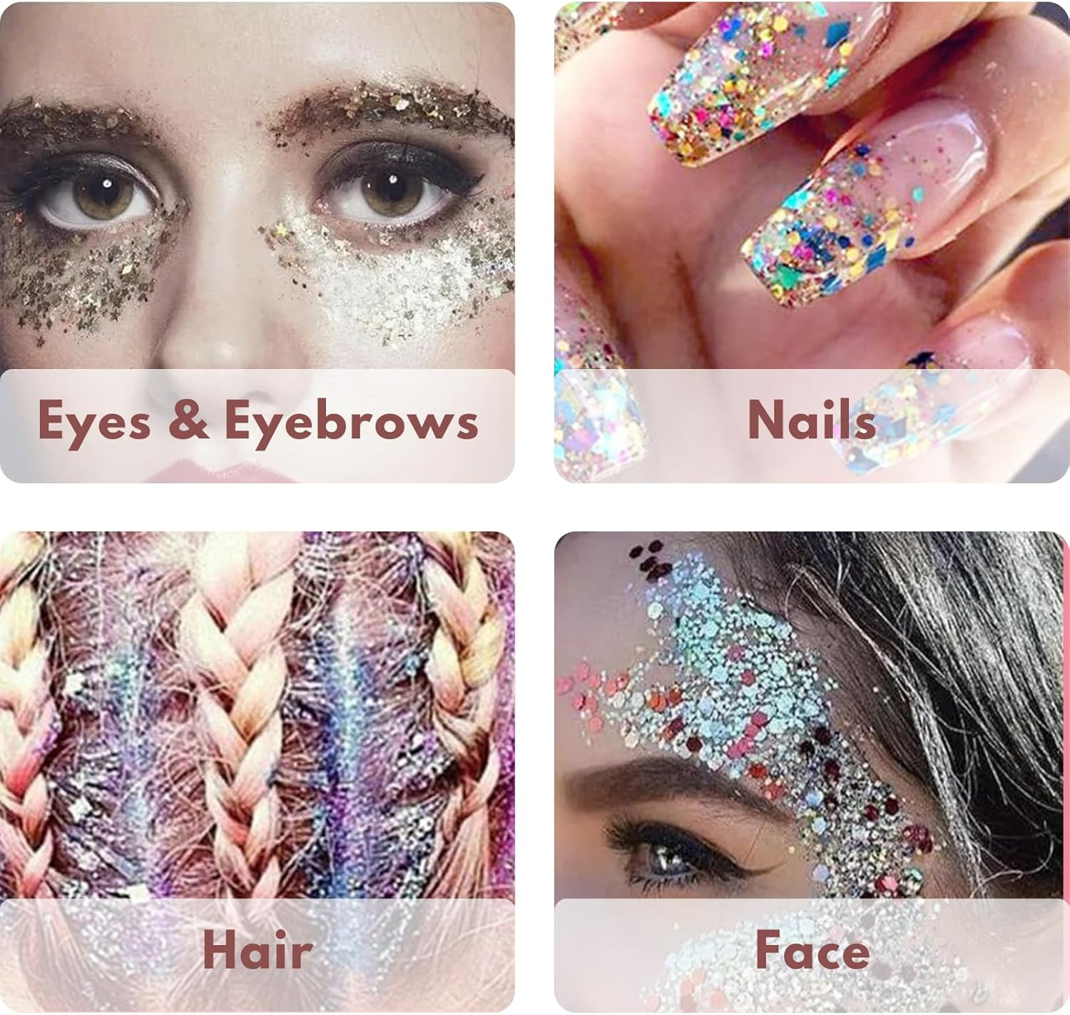 Face Body Glitter, JOMWEN Hair Glitter Sparkles Chunky Face Glitter Gel for Girls Makeup Singer Concerts Music Festival Rave Accessories, Sequins Face Paint (White+Silver+Pink) image number 4