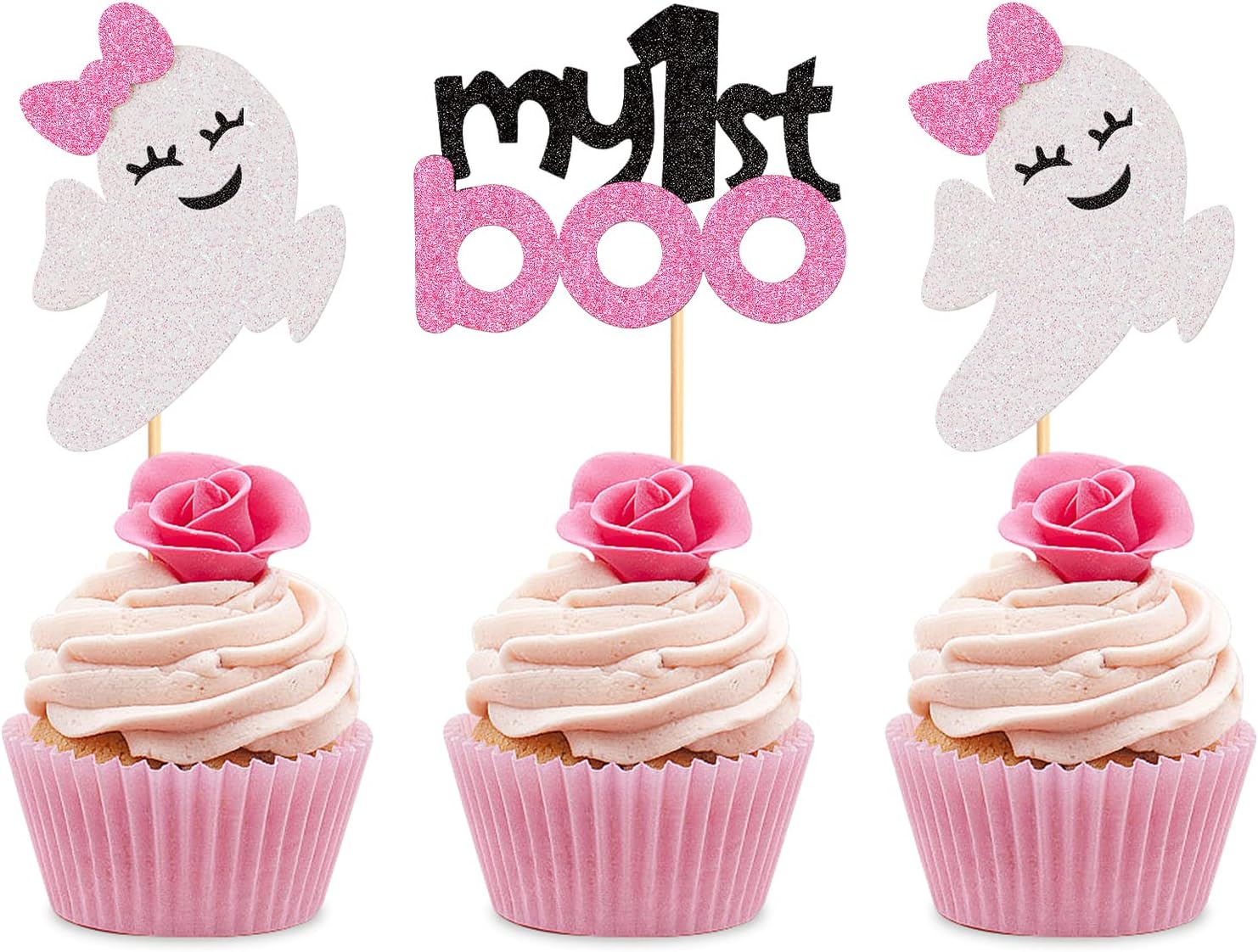 24 Pack Ghost Oh Baby Cupcake Toppers Halloween Cupcake Picks Pink Bow Ghost Oh Baby Cupcake Decors for Halloween Theme Baby Shower Birthday Party Cake Decorations Supplies