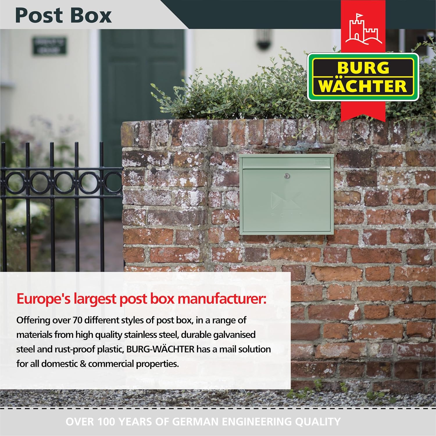 Burg-Wachter MB02CG Chartwell Green Elegance Wall Mounted Galvanised Steel Lockable Weatherproof Post Box - 36X31X10Cm image number 2