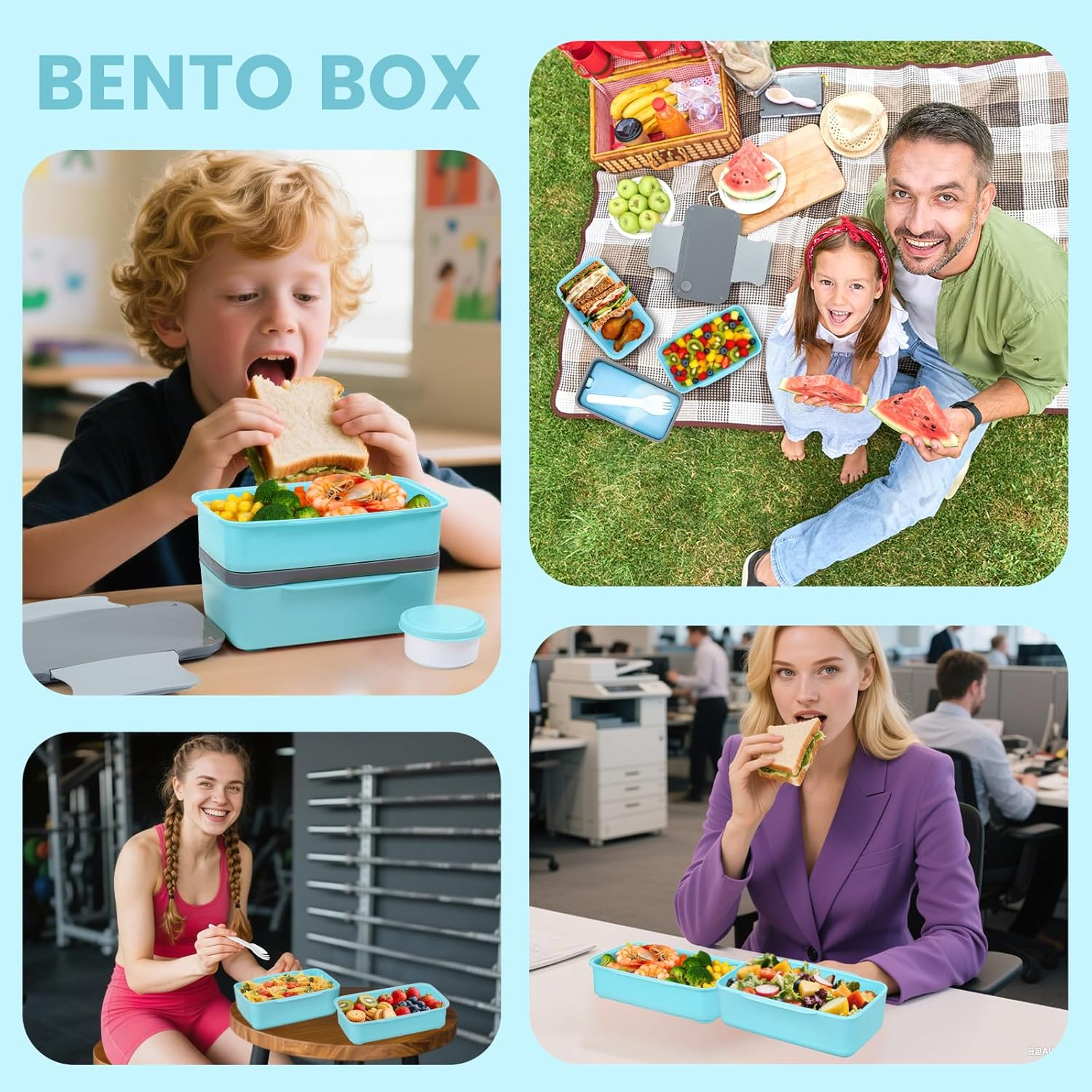 Globright Bento Lunch Box for Kids,6 Stackable Containers for Adults, Leak-Proof Built-In Utensil Set Reusable Ice Pack (Blue)