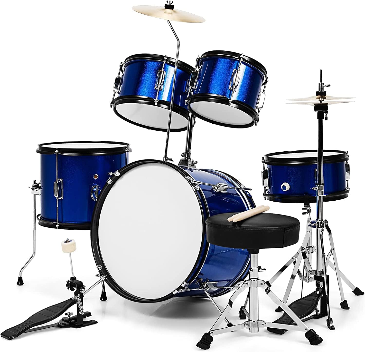 HONEY JOY 16&rdquo; Kids Drum Set, 5-Piece Full Size Complete Junior Drum Set W/Adjustable Throne, Cymbal, Hi-Hat, Pedal & Drumsticks, Beginner Drum Kit W/Bass Snare Tom Drum, Age 3-12 (Blue) image number 3