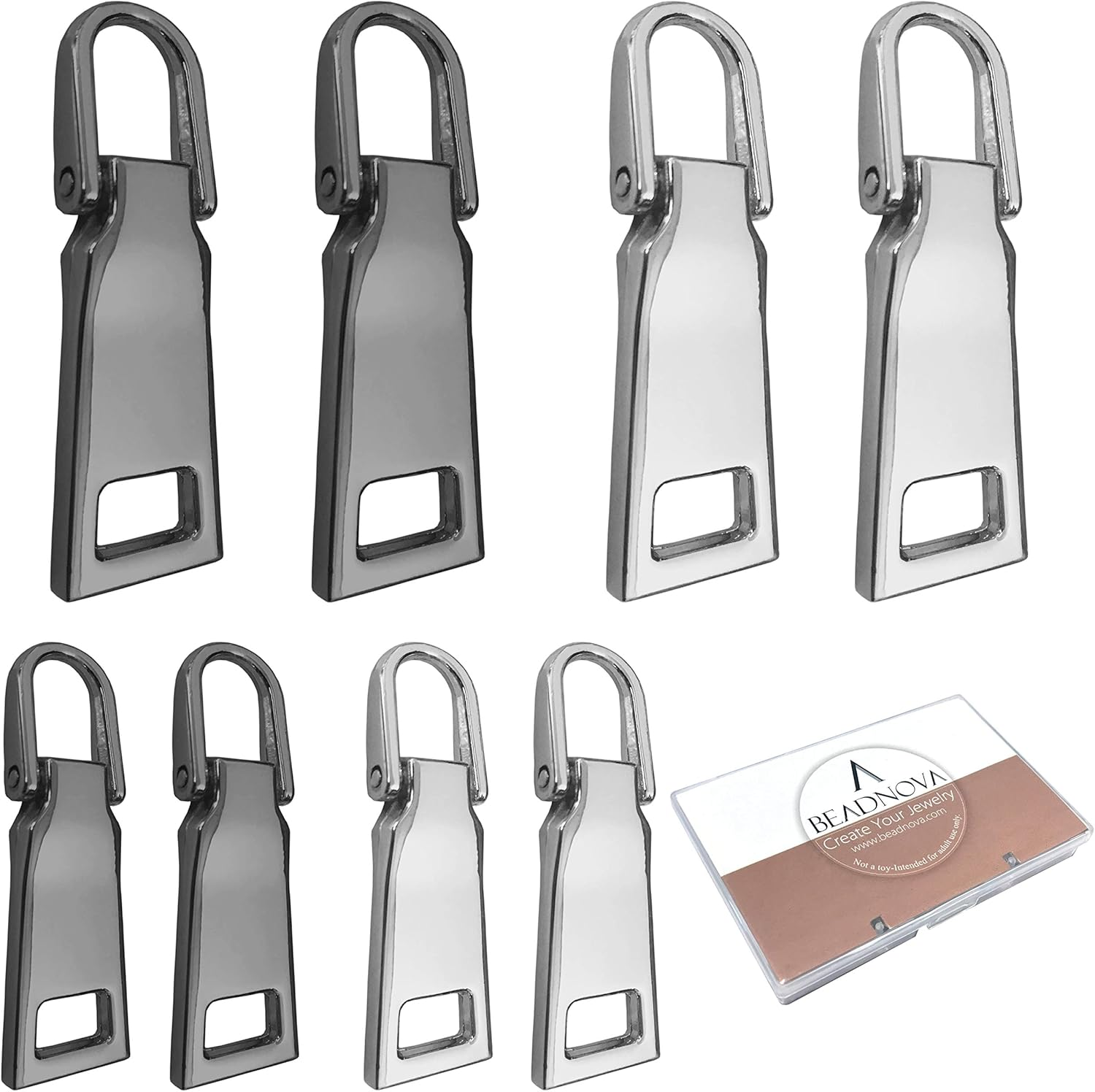 BEADNOVA Zipper Pull Replacement Metal Zipper Pull Repair Zipper Pull Tab for Luggage Suitcase Backpack Jacket Bags Coat Boots (Gun Black and Silver Color Assorted, Size 3 and 5, 8 Piece)