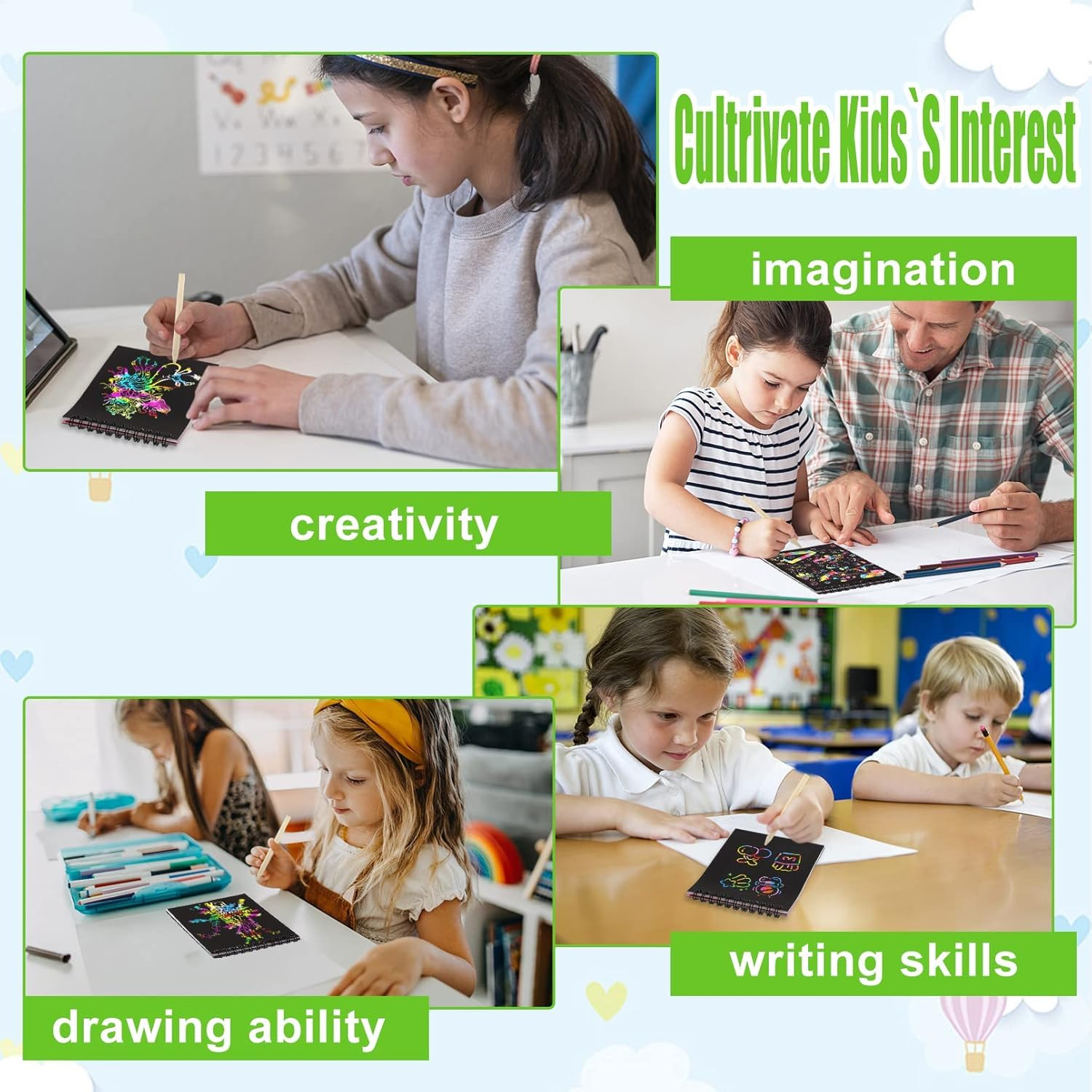 8 Pack Rainbow Scratch Notebooks with Wooden Styluses - Ideal for Kids' Party Favors, Arts & Crafts image number 6