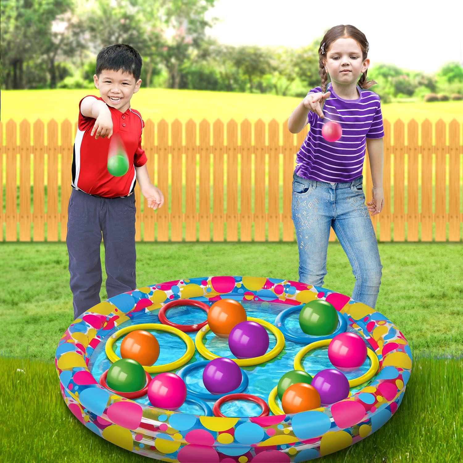 Gamie Floating Ring Toss Game for Kids, Outdoor Carnival Game Set with Inflatable Pool, Floating Rings, and Colored Plastic Balls, Outdoor Games for Family and Backyard Parties image number 3
