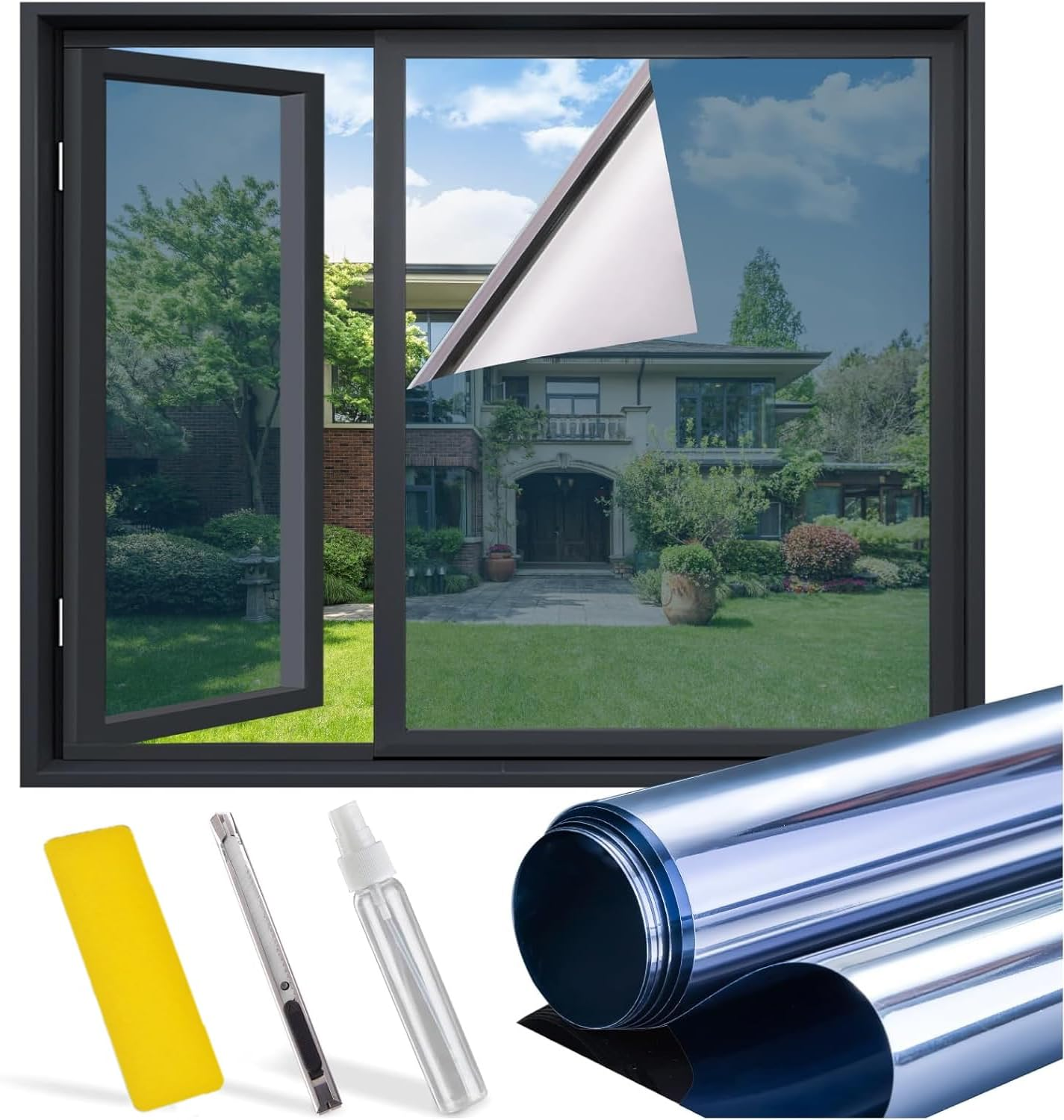 One Way Privacy Window Film (With Tool),Daytime Privacy Mirror Effect,Reflective Mirror Home Window Insulation Film,Self-Adhesive UV Sun Protection,17.5X78.7 in (Silver, 44.5X200)