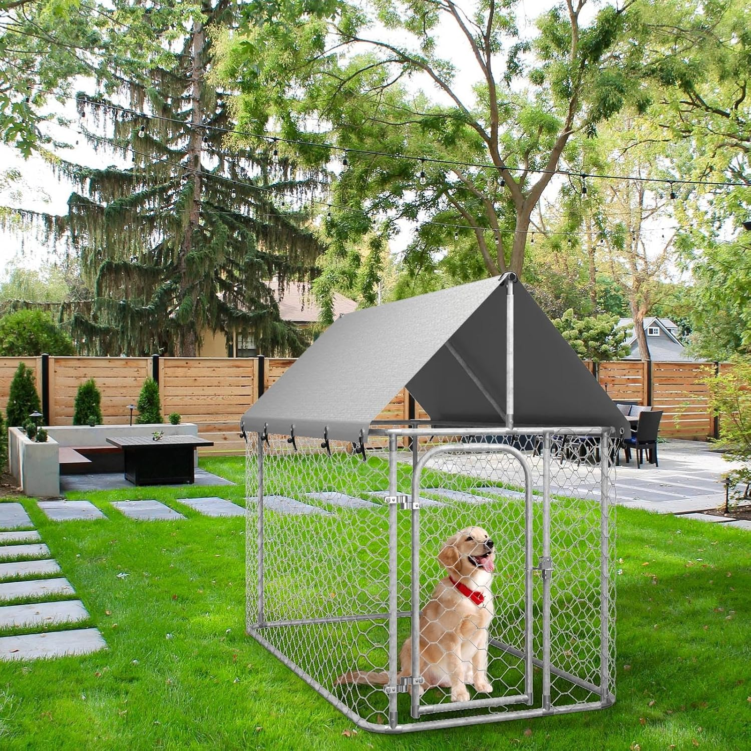 Outdoor Dog Kennel - Durable Galvanised Steel Construction with Safety Lock and UV Protected Canopy - Large Space for Exercise and Play (200 X 100 X 150 Cm) image number 5