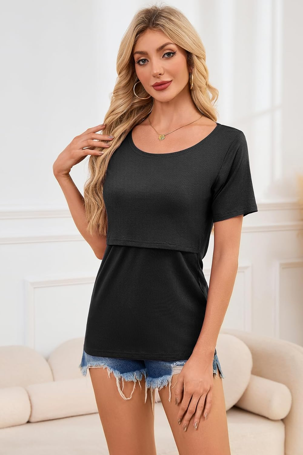 Smallshow Women'S Nursing Tops Ribbed Short Sleeve Breastfeeding Shirts 4 Pack image number 3