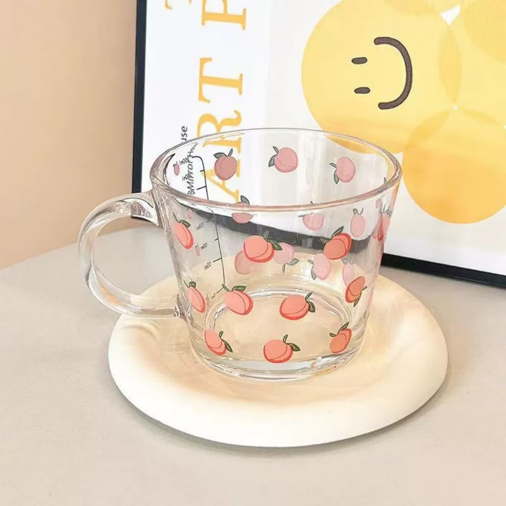 12 OZ Kawaii Mug Peach Glass Cup with Measurements,Glass Coffee Mug Cup with Handle for Coffee,Latte,Juice,Milk,Yogurt,Dessert,Tea,Breakfast Oatmeal Cup - Blue 1 image number 2