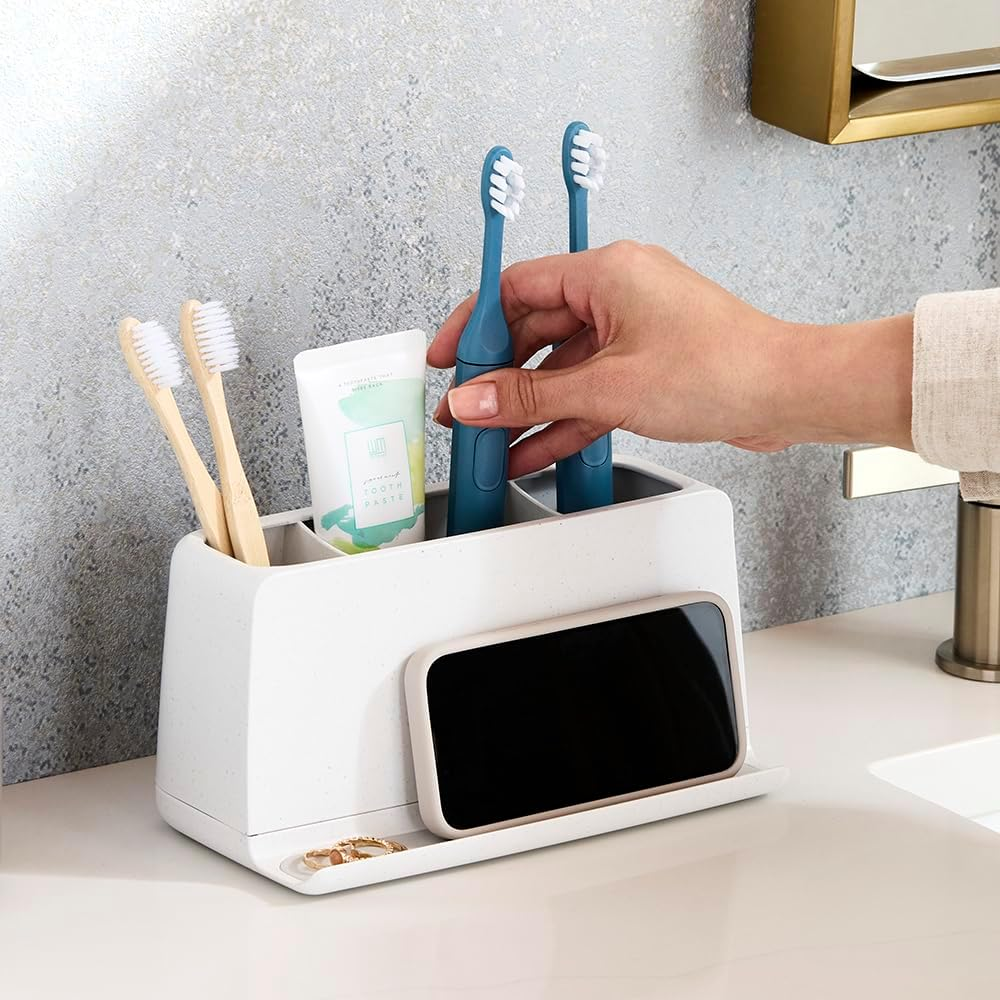 Youcopia the Ledge Toothbrush Holder, 3-Slot, Bathroom Vanity Counter Organizer with Cord Slots, Removable Base and Storage for Phones, Toothpaste and Accessories image number 2