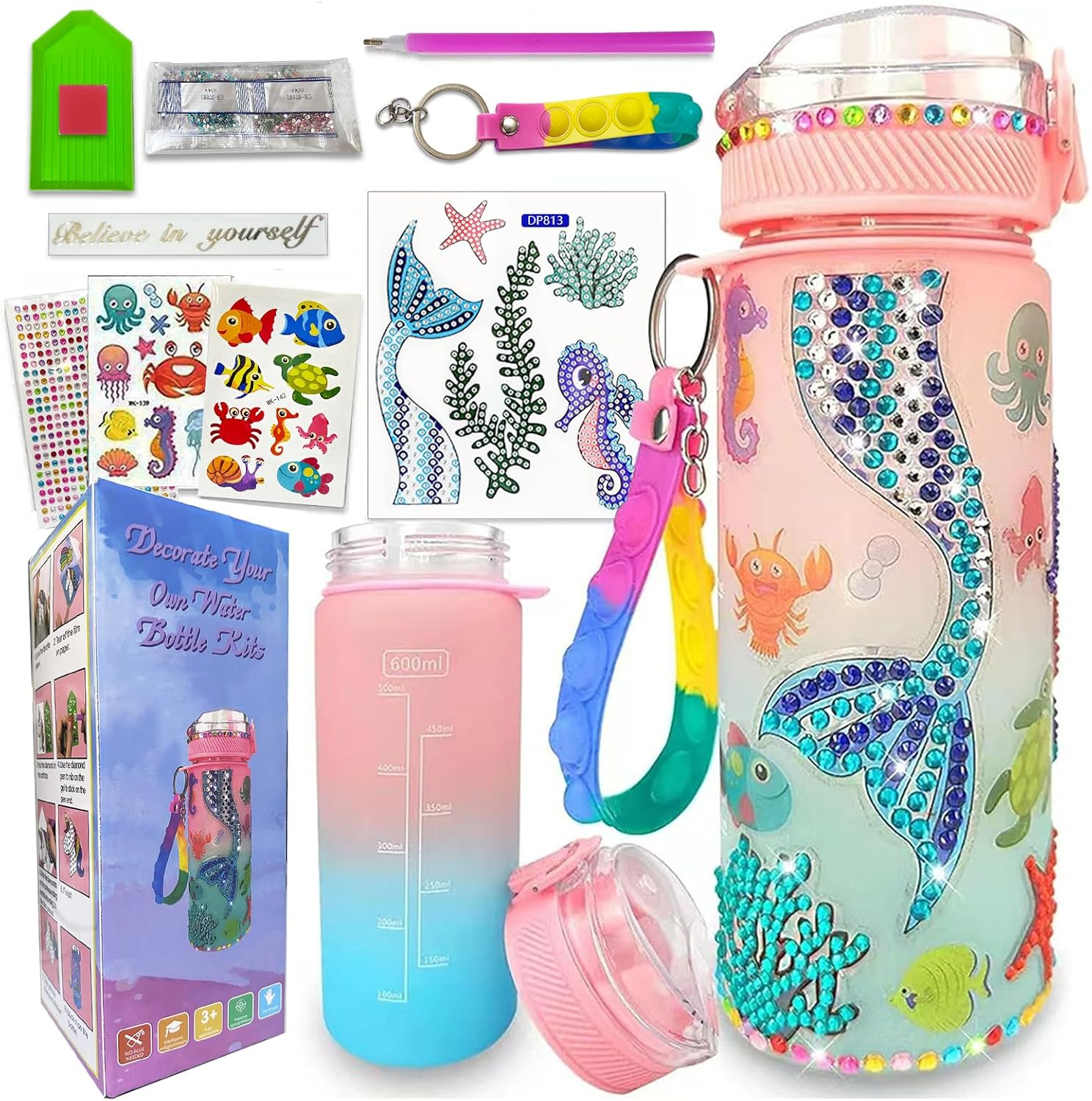 MEIYUETAOSI Decorate Your Own Water Bottle Kits for Girls, DIY Mermaid Water Bottle Decorating Kits for Girls Ages 6-12, Fun Arts and Crafts Project image number 1