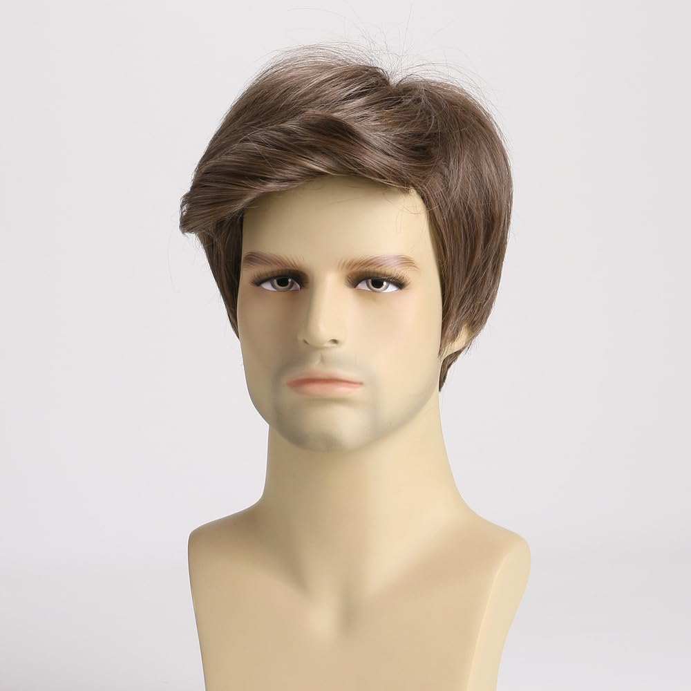 AUBWIG Men'S Wig Brown Short Wig Natural Fluffy Wig Long Men'S Day Costume Synthetic Full Wigs (Brown) image number 1