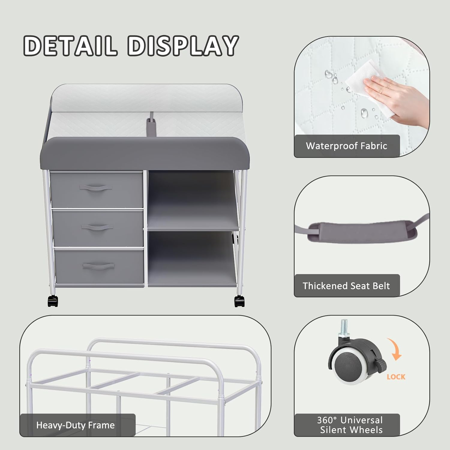 Baby Changing Table, Portable Changing Table, Diaper Changing Station with Waterproof Pad, Changing Table Dresser with 3 Storage Baskets, Mobile Nursery Organizer for Newborn Essentials image number 3