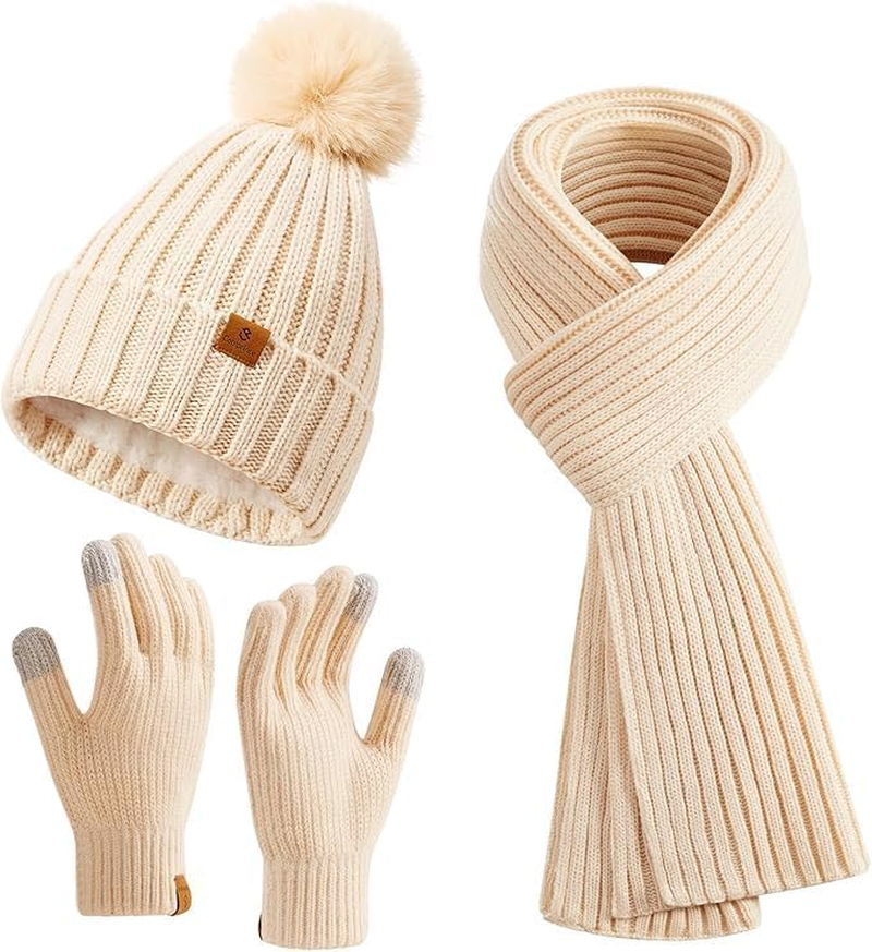 Womens Long Scarf Gloves and Hat Set Cold Weather Hat Scarf Glove Set for Women Winter Beanie Hats with Pom Pom