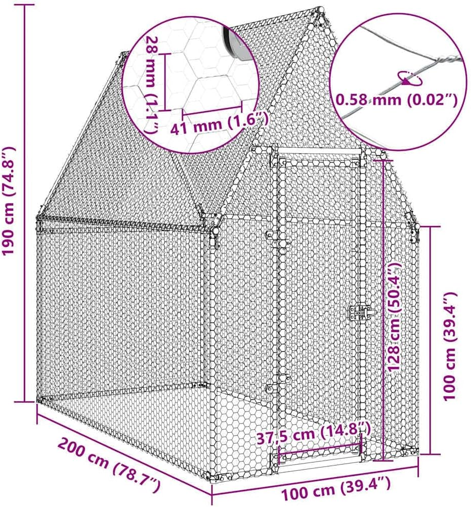 Vidaxl Chicken Cage - Galvanized Steel Hen House/Poultry Coop - 200X100X190 Cm - Outdoor Enclosure for Chickens, Ducks, Small Animals image number 3