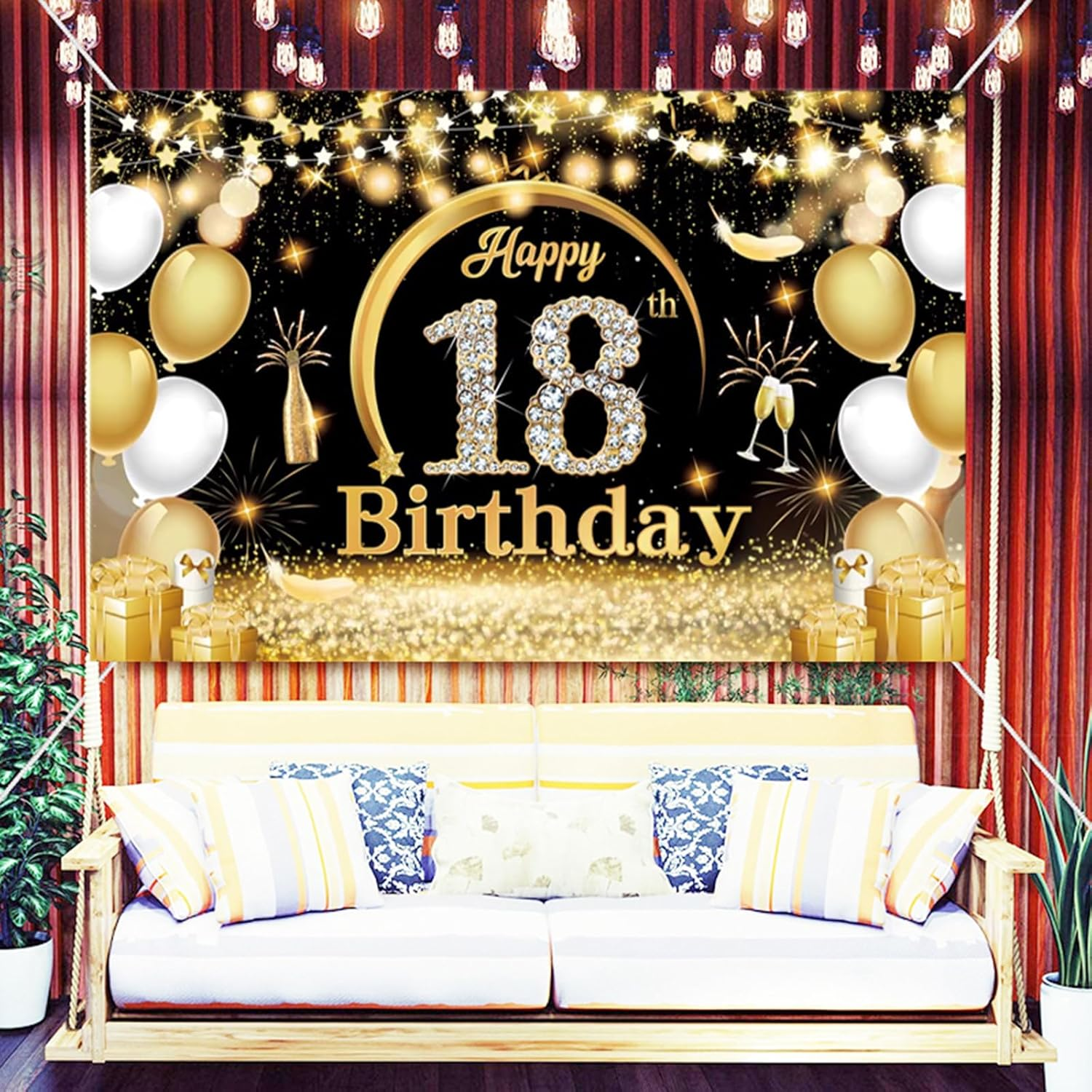 Happy Birthday Banner Backdrop Extra Large (185 X110Cm) Black Gold Theme Birthday Party Background Decorations Supplies for Boys Girls Indoor (18Th) image number 2