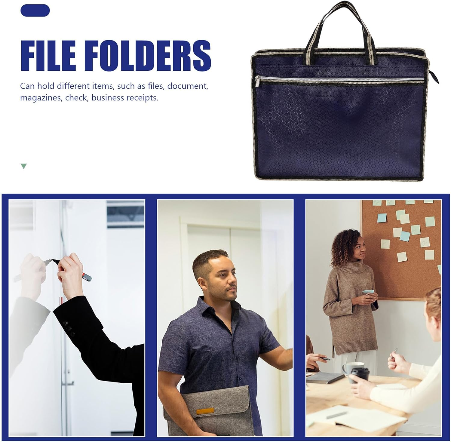 ELAYARD A4 Oxford Cloth File Pouch Double Zipper Canvas Document Holder Portable Office Folder with Pockets Navy Blue for Document Storage and Travel image number 4