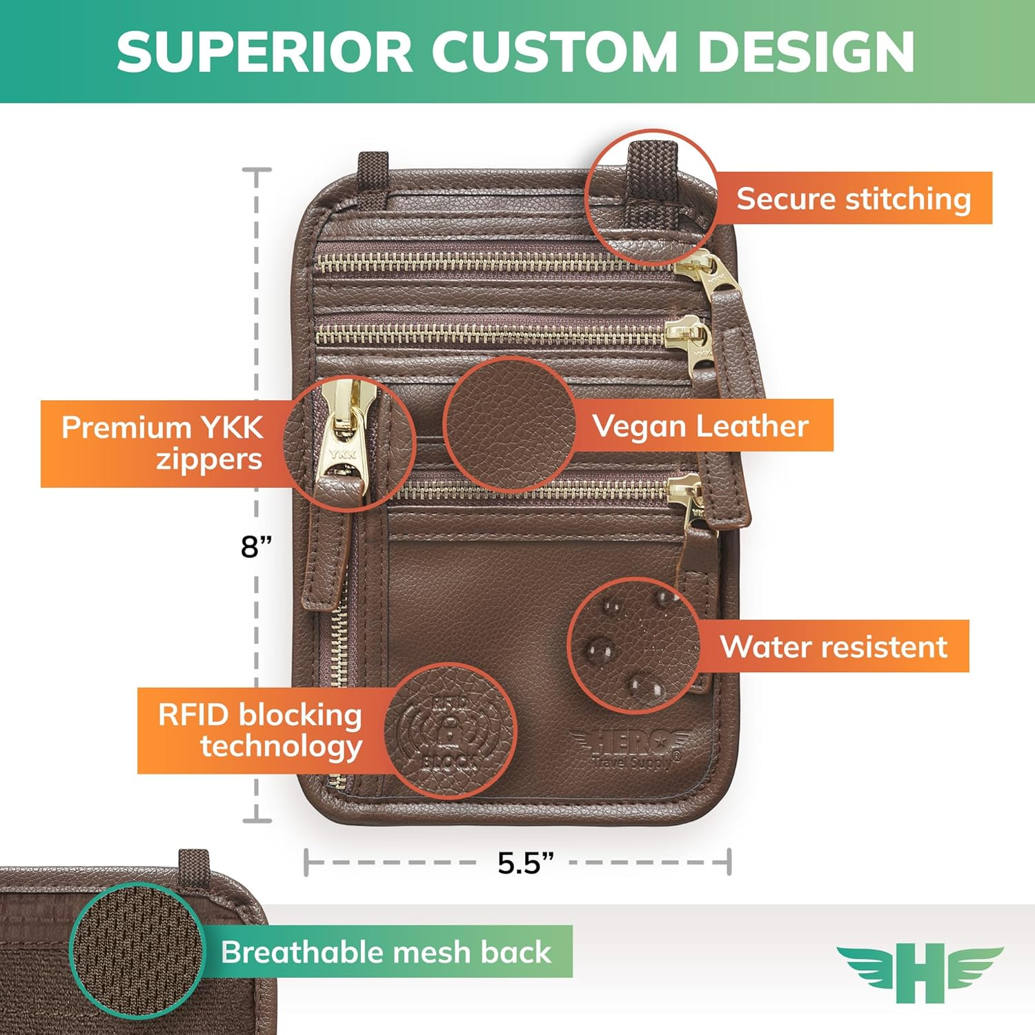 HERO Neck Wallet &ndash; RFID Blocking Passport Holder &ndash; Easy to Conceal Travel Pouch, Brown, Vegan Leather Travel Neck Wallet