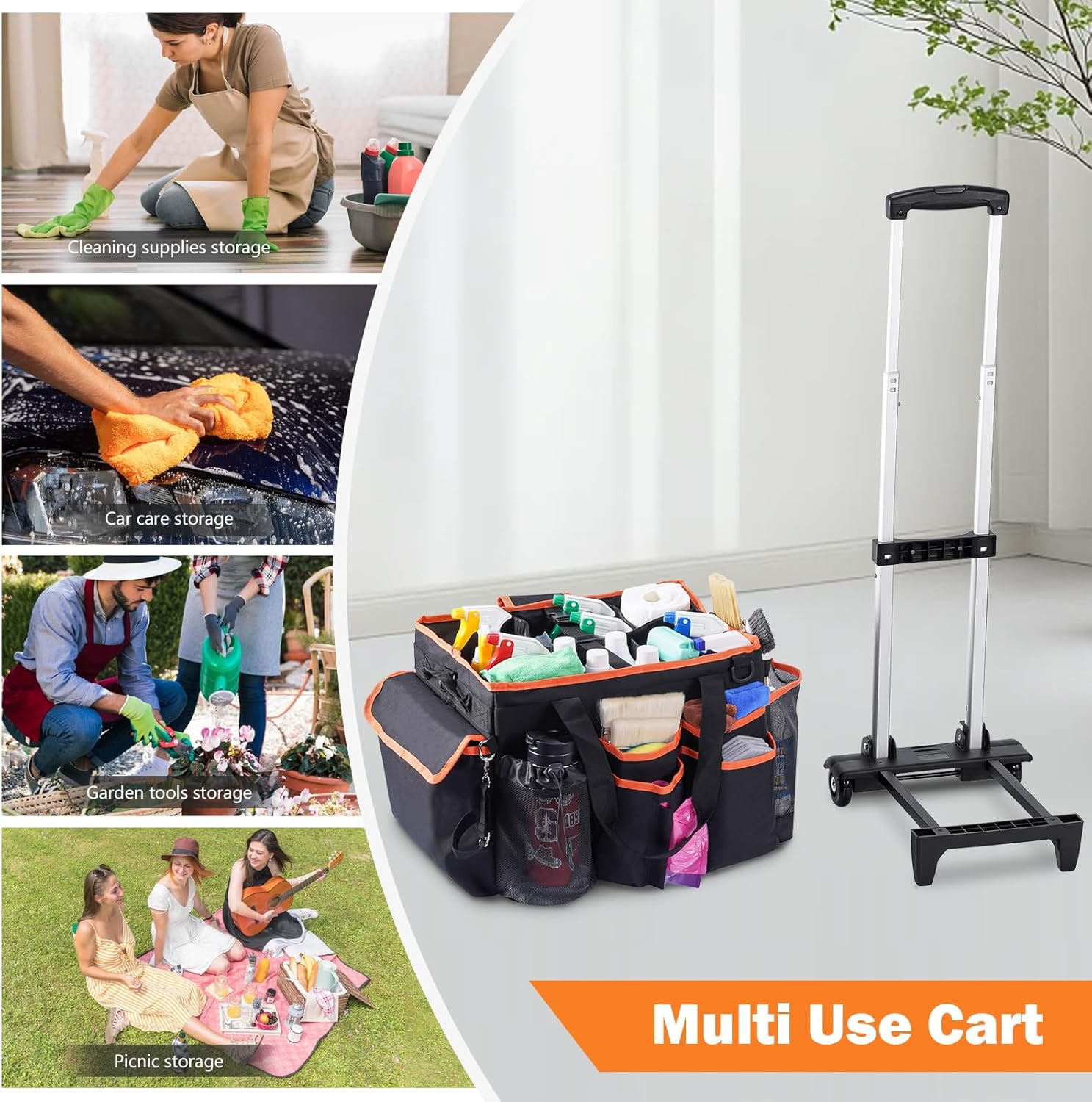 Puricon Cleaning Caddy with Wheels, Professional Portable Rolling Cleaning Supplies Bag with Detachable Trolley Large Cleaning Cart with Handle and Shoulder Strap for Housekeeping -Blackorange image number 2