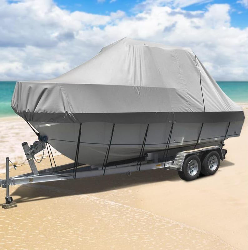 Boat Cover 21 to 23Ft, Fits V Hull, Runabout, Bowrider, Bass and Pontoon Boats, Trailerable Marine Grade 600D Heavy Duty Waterproof UV Resistant with Strap and Storage Bag Grey