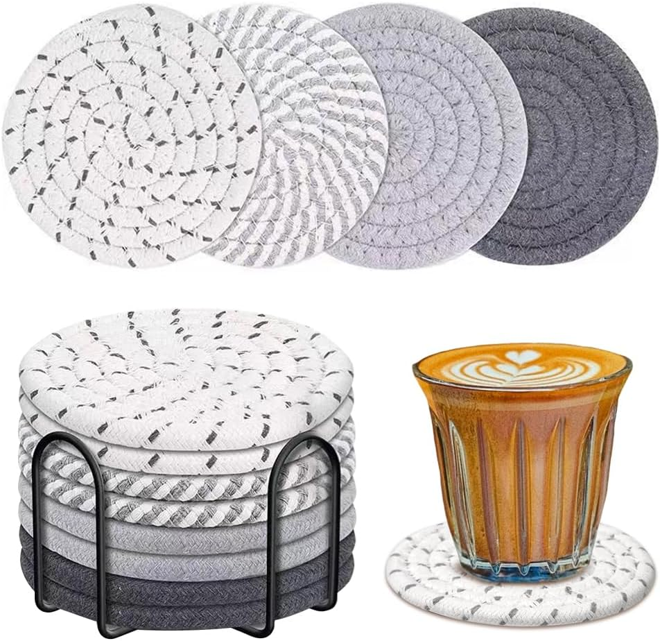 Sonicefit 8Pcs Drink Coasters with Holder, 4 Colors Minimalist Cotton Woven Coasters Set, Boho Absorbent Coaster Suitable for Various Cups, Ideal for Coffee Table, Bar Tabletop, Home Decor (Color 1)