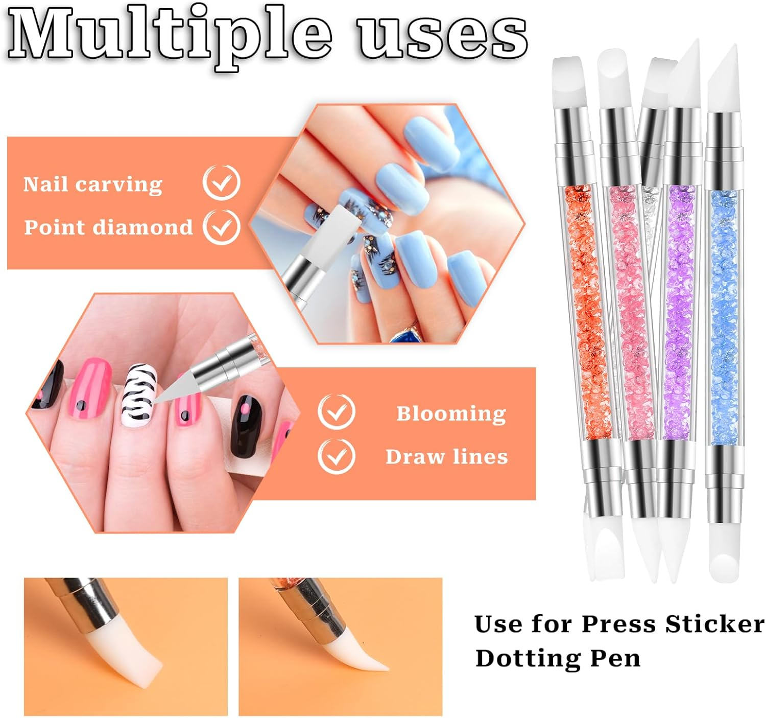 Pack of 5 Nail Art Sculpture Pen with Two Tips Silicone Nail Brush Gel Nail Carving Brush Nail Art Tools for Design, Nail Foil, Drawing, Shaping